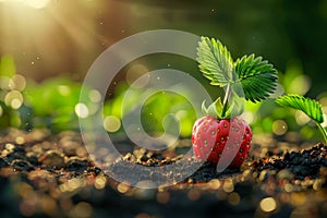 Fresh Ripe Strawberry on Soil with Sunlight Flare in Lush Garden, Concept of Organic Farming