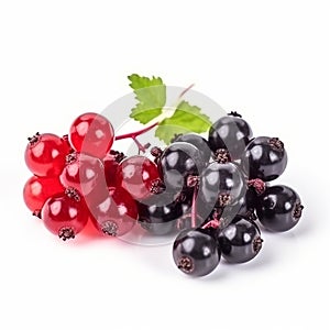 Fresh ripe tasty red and black currant berries isolated on white background close-up,