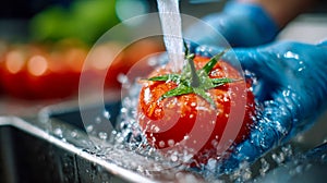Fresh ripe tomato being washed under running water by gloved hands in a processing facility
