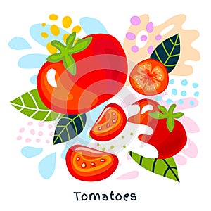 Fresh ripe tomato vegetable juice splash organic food juicy tomatoes vegetables splatter on abstract background vector.