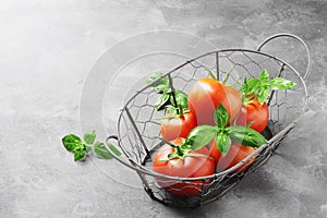 Fresh ripe tomatoes in a basket on a concrete tectrut background.