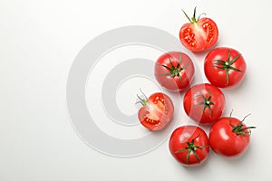 Fresh ripe tomatoes on white background top view