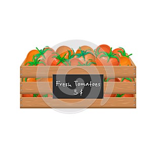 Fresh ripe tomatoes in a wooden box isolated on white. Vector icon, realistic illustration of garden crate full of red