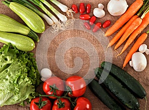 Fresh ripe vegetables on sacking