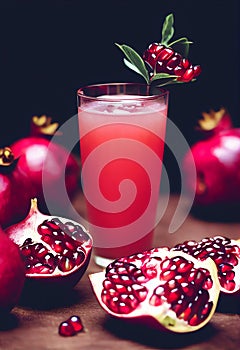 Fresh ripe whole and cut pomegranate fruit with seeds. Pomegranate juice