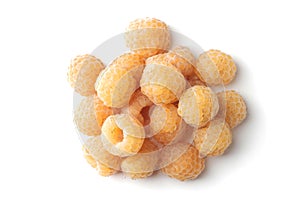 Fresh ripe yellow raspberries on a white background. Yellow raspberries, Berry harvest, Ripe delicious raspberries for desserts.