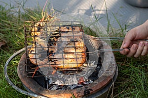 Fresh river prawn grilled  on Charcoal stove. Local food. Cooking at home. selective focus. Big shrimps