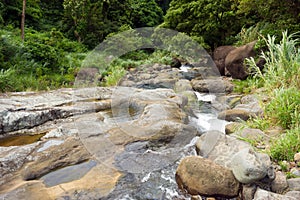 Fresh river water running over rocks as seen at a remote location in the Windward Islands