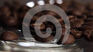 Fresh roasted arabica coffee beans fall on a glass saucer.