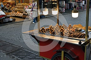 Fresh roasted chestnuts on truck for sale. Istanbul, Turkey