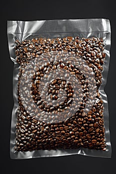 Fresh roasted coffee beans packed in vacuum sealed bag