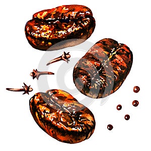 Fresh roasted coffee beans with spice, pepper and cloves, isolated, watercolor illustration on white