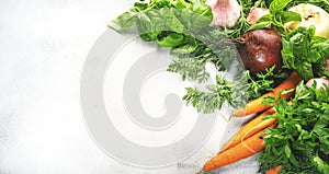 Fresh root vegetables and herbs. Healthy food, autumn cooking concept. Gray background with negative space. Top view
