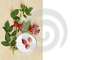 Fresh rose hips in petri dish and around it