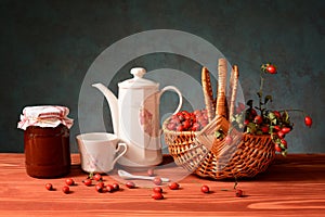 Fresh rosehip jam and tea