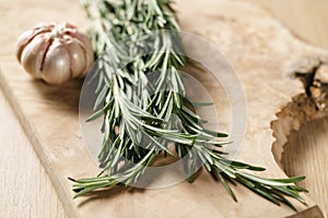 Fresh rosemary bunch and garlic on wood table