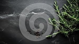 fresh rosemary herbs arranged on a dark stone background, providing ample copy space for a menu or recipe, captured in a