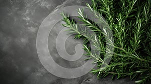 fresh rosemary herbs arranged on a dark stone background, providing ample copy space for a menu or recipe, captured in a