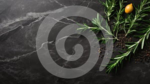 fresh rosemary herbs arranged on a dark stone background, providing ample copy space for a menu or recipe, captured in a