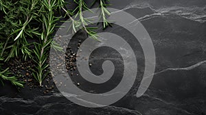 fresh rosemary herbs arranged on a dark stone background, providing ample copy space for a menu or recipe, captured in a