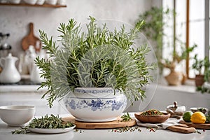 Fresh rosemary on kitchen countertop, generative AI