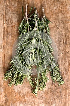 Fresh rosemary on wooden table, top view