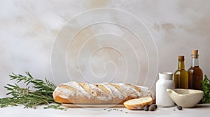 Fresh rustic wheat bread, rosemary, and bottles with oil on marble kitchen countertop, on textured background. Generative AI