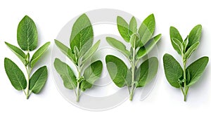 Fresh Sage Herb Set Isolated on White Background with Clipping Path - Full Depth of Field Focus Stacking photo