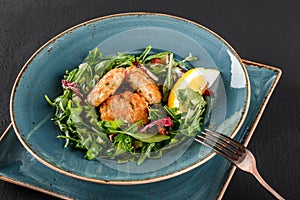 Fresh salad with arugula, spinach, avocado and vegetable cutlets with herbs, garnished with lemon in plate over dark background.