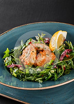Fresh salad with arugula, spinach, avocado and vegetable cutlets with herbs in plate over dark background. Healthy vegan food,