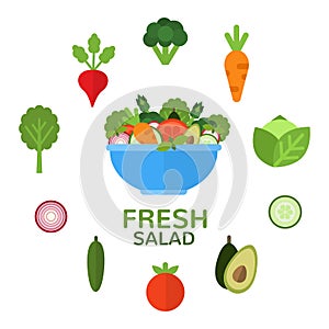 Fresh salad in bowl for vegetarian menu and healthy food advertising. Salad bar. Salad ingredients. Applicable food photo
