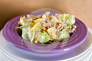 Fresh salad with chicken meat, oranges, walnuts, greens and herbs and olive oil on a bright colorful ceramic plates stacked. Porti