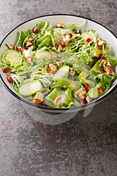 Fresh salad consisting of Brussels sprouts, avocado, cabbage, lettuce, pomegranate and nuts close-up in a plate. Vertical