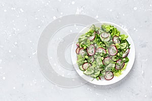 Fresh salad of cucumbers, radishes, green peas and herbs in white bowl. Top view