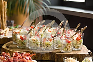 Fresh salad in glasses. Table with portioned snacks. Appetizer or refreshment time. Catering food concept. Treats