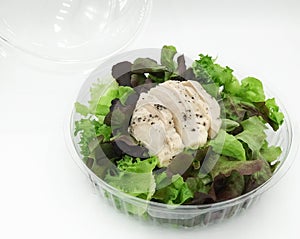 Fresh salad (green oak, red oak)with chicken breast, marinated in black pepper, steamed, cut into pieces in a clear plastic box