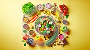 Fresh salad ingredients display on yellow background. Generated AI