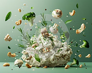 Fresh Salad Ingredients in Mid Air with Creamy Dressing on Green Background Healthy Eating Concept