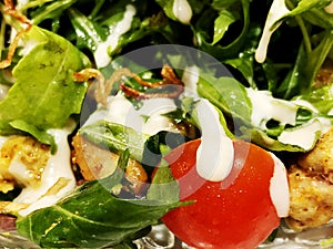 Fresh salad from lettuce leaves of different kinds of varieties cabbage carrots rucola salad.