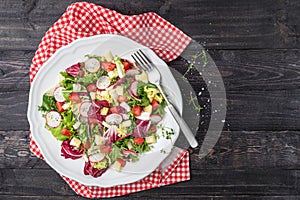 Fresh salad with mixed greens radish cheese and tomato in a plate on wooden background. Italian Mediterranean or Greek cuisine.