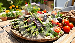 Fresh Salad Plate with Vegetables and Cheese on Wooden Table photo