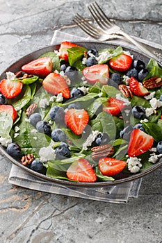 Fresh salad of spinach, strawberries and blueberries with cheese and pecans with honey dressing close-up in a plate. Vertical