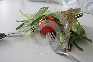 fresh salad on the table whitout plate with knife and fork