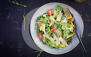 Fresh salad tomato, avocado, corn salad, chia seed and parmesan
