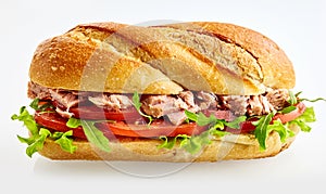 Fresh salad tuna fish baguette isolated on white background