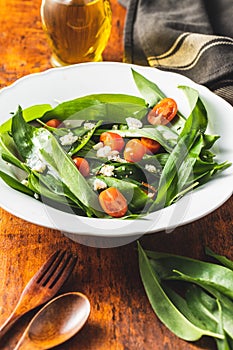 Fresh salad with wild garlic,tomatoes and feta cheese on plate