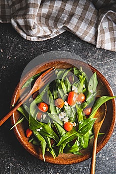 Fresh salad with wild garlic,tomatoes and feta cheese on plate