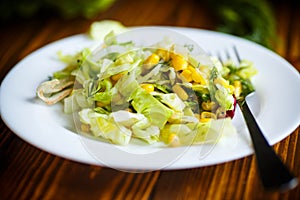 Fresh salad of young cabbage with sweet corn