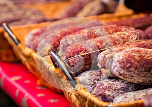 Fresh salami at a Christmas market