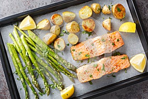 Fresh salmon fillet baked with asparagus and potatoes close-up in a baking sheet. Horizontal top vew
